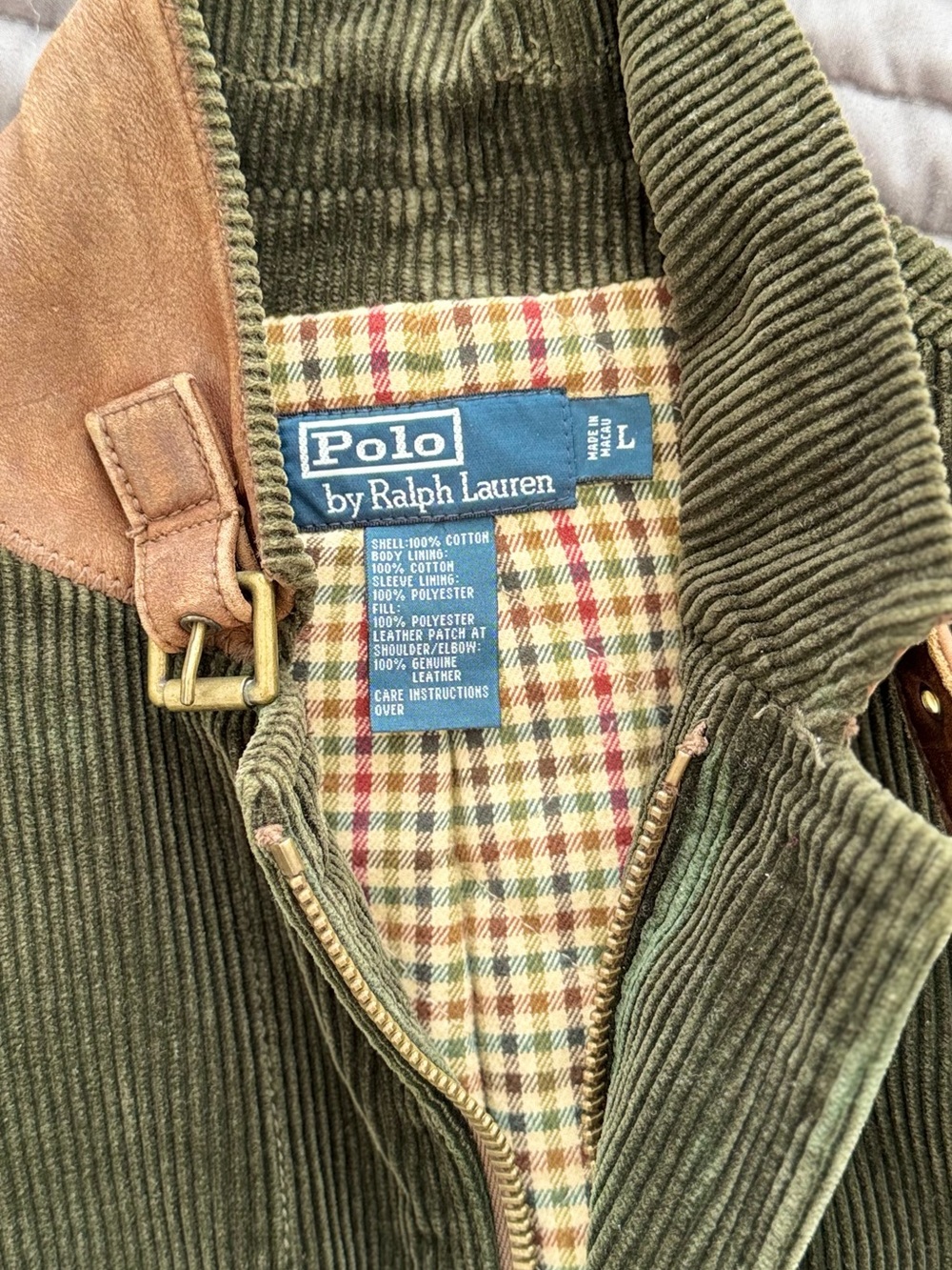 Ralph Lauren Olive Corduroy Field Jacket with Brown Leather Shoulders - Picture 2 of 5